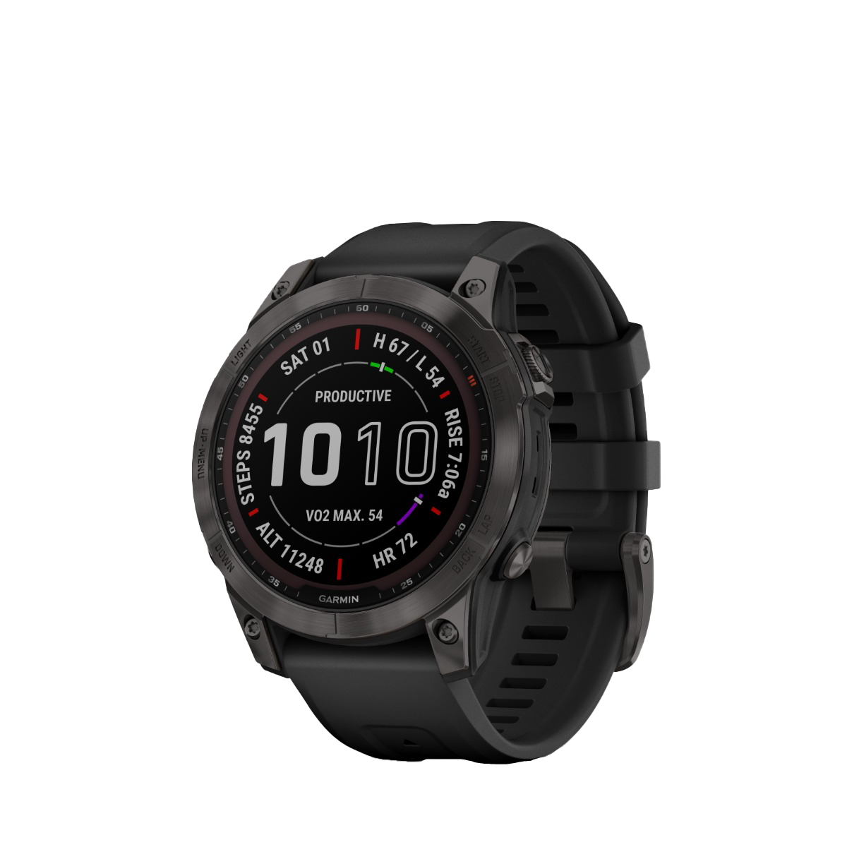 Garmin fenix 7S Sapphire Solar smartwatch with carbon gray DLC titanium case and black band
