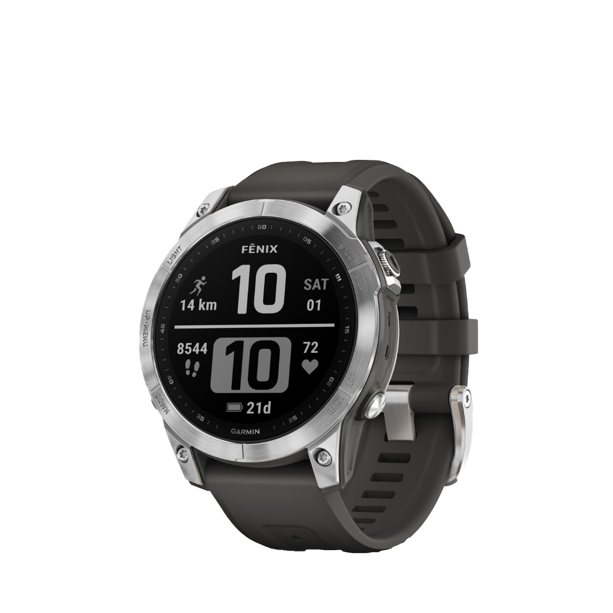 Garmin fenix 7S smartwatch with silver bezel and graphite band