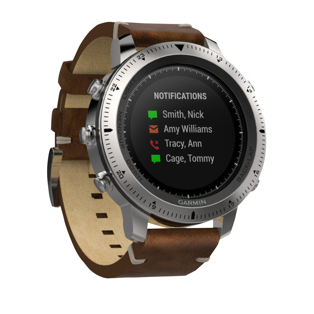 Garmin Fenix Chronos smartwatch with brown leather band and silver bezel