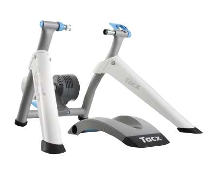 Tacx Flow Smart bicycle trainer with white frame and blue accents