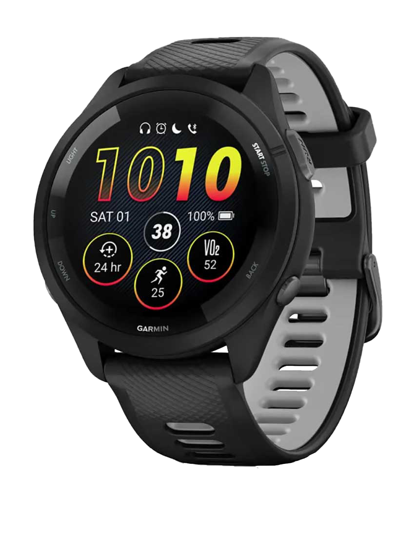 Garmin Forerunner 265 GPS smartwatch with black bezel and black/powder gray band
