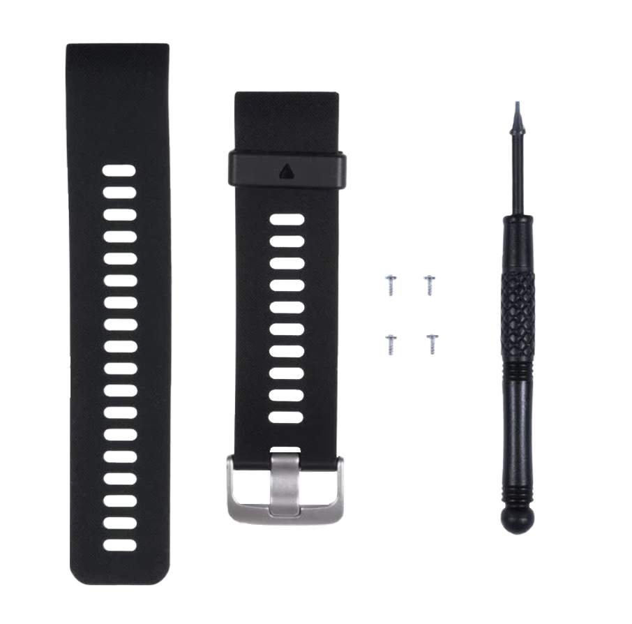 Garmin Forerunner 35 band kit; two black replacement watch bands with buckle, screws, and small screwdriver