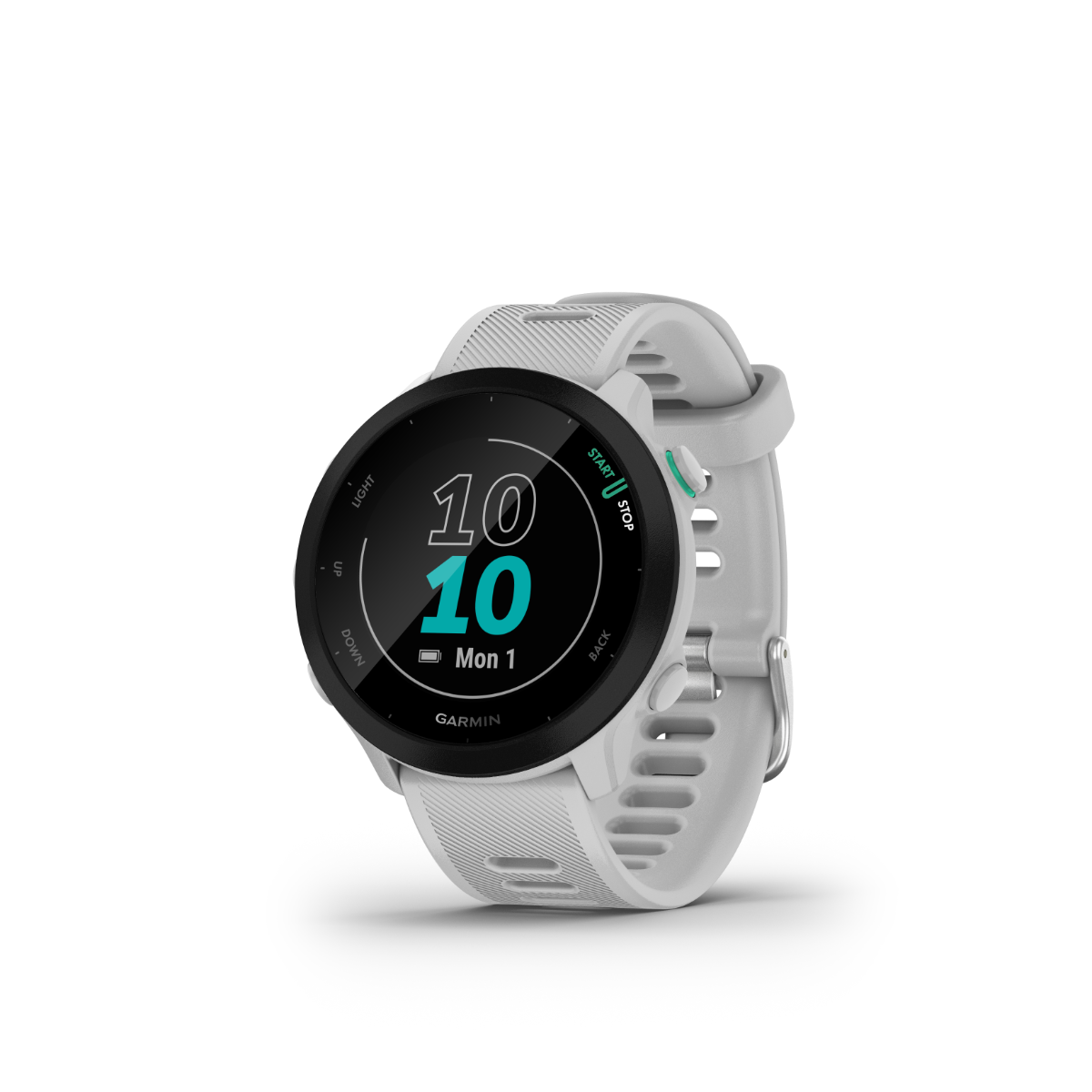Garmin Forerunner 55 GPS smartwatch with white band and round black bezel