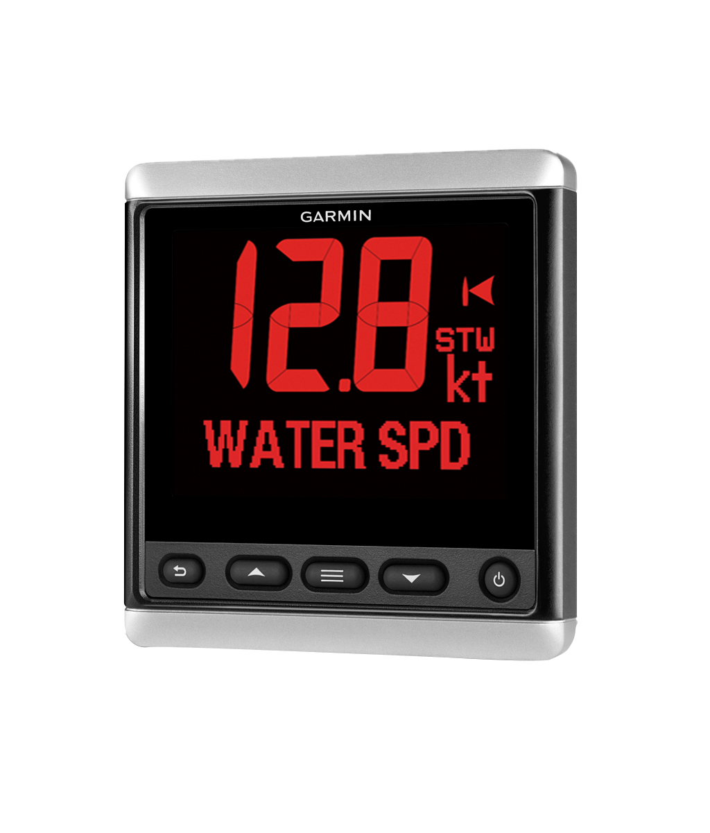 Garmin GNX 21 marine instrument display with red digital readout and silver bezel