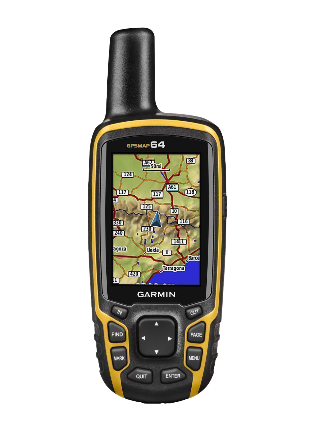 Garmin GPSMAP 64 handheld GPS with yellow and black rugged housing and map display