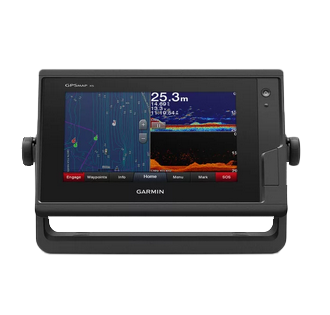 Garmin GPSMAP 722xs marine chartplotter with black housing and color display