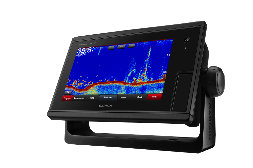 Garmin GPSMAP 7607 marine chartplotter with black housing and mounting stand