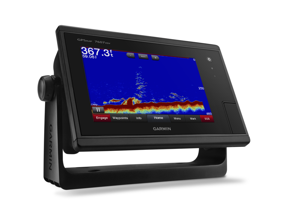 Garmin GPSMAP 7607xsv marine chartplotter with black housing and blue sonar display