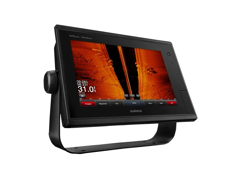 Garmin GPSMAP 7610xsv marine chartplotter with black bezel on a mounting bracket
