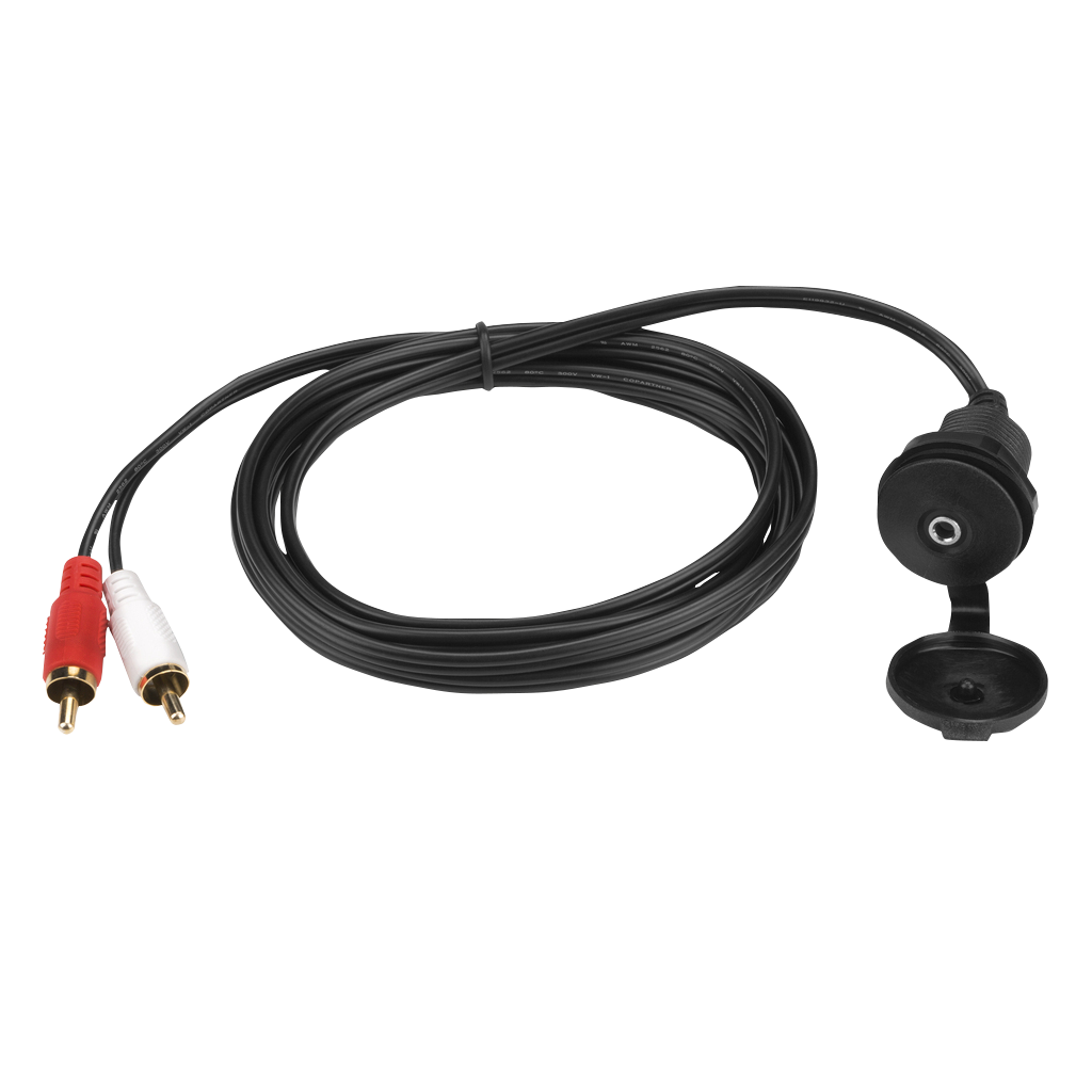 Garmin panel-mount 3.5 mm socket cable with two RCA plugs (red/white), black housing