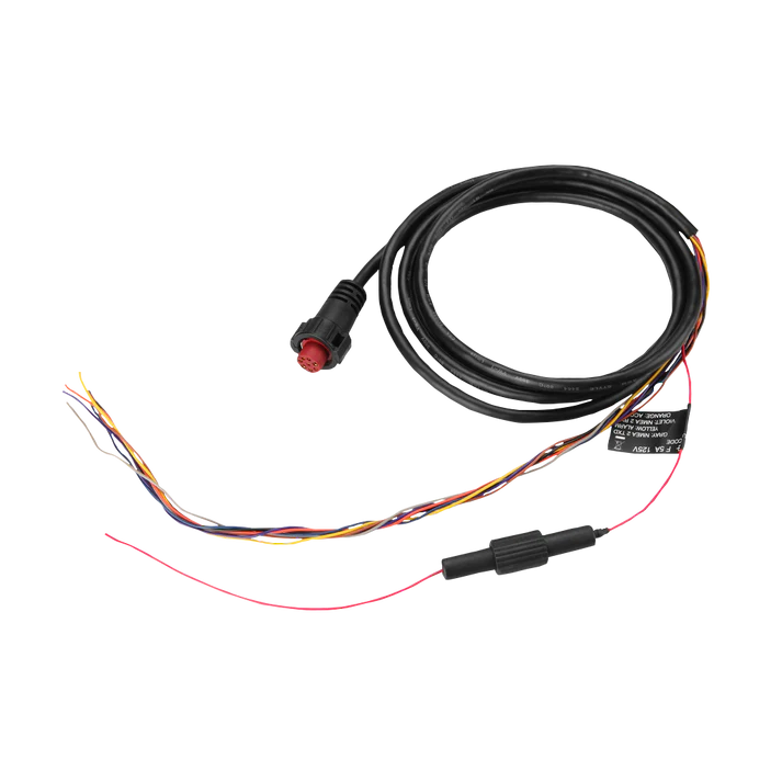 Garmin power cable (8-pin) for EchoMAP and GPSMAP, black coil with red 8-pin connector and multi-color wires.
