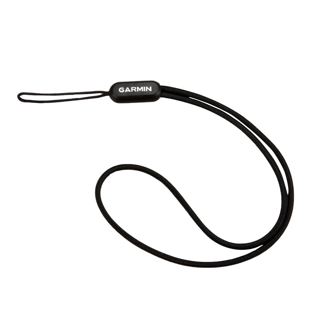 Garmin Tether, black fabric cord with Garmin logo tag.