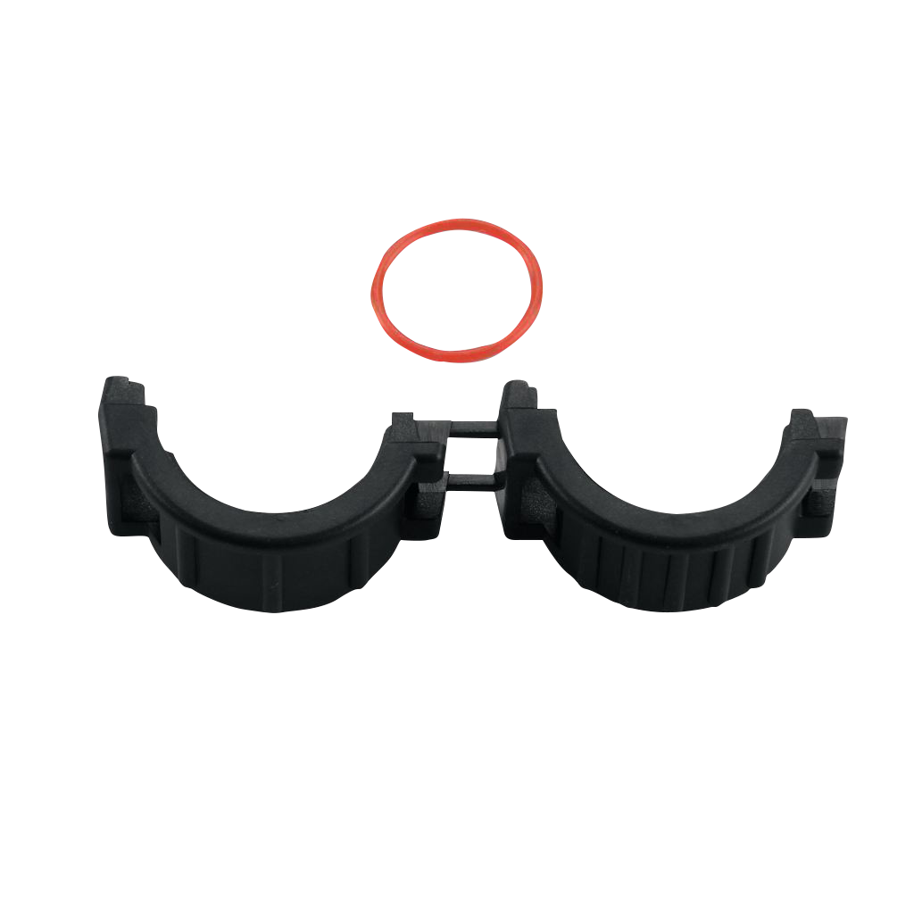 Garmin threaded collar, split 11mm connector, two black halves with a red O-ring