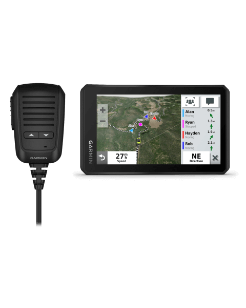 Garmin Tread Powersport GPS with Ride Radio in black, handheld GPS device and radio microphone.
