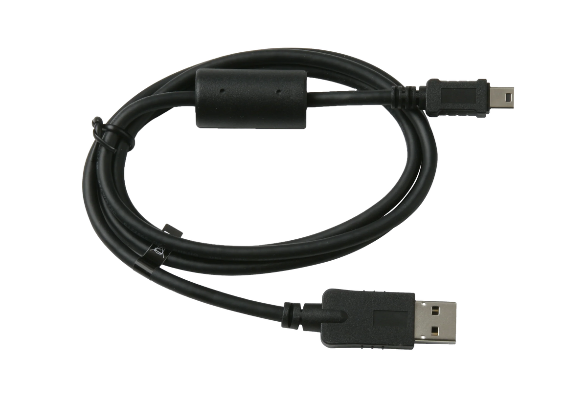Garmin USB cable, black with ferrite choke, USB‑A to micro‑USB connector.