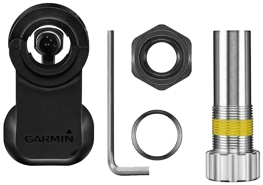 Garmin Vector S to 2S 5-piece upgrade kit: black sensor pod, hex nut, O-ring, hex key, and silver spindle
