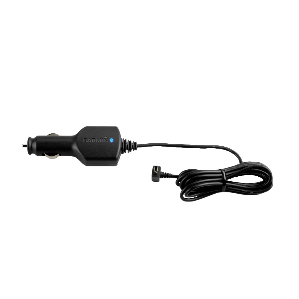 Garmin vehicle power cable car charger for GPS devices, black with blue LED, 12V car lighter plug and coiled cable.