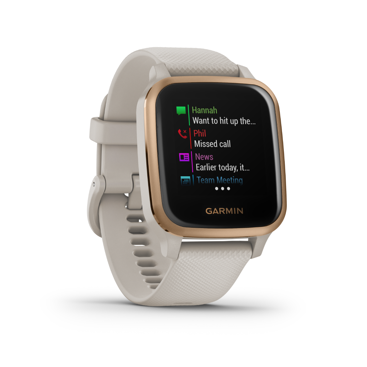 Garmin Venu Sq Music smartwatch with rose-gold bezel and tan band, certified refurbished