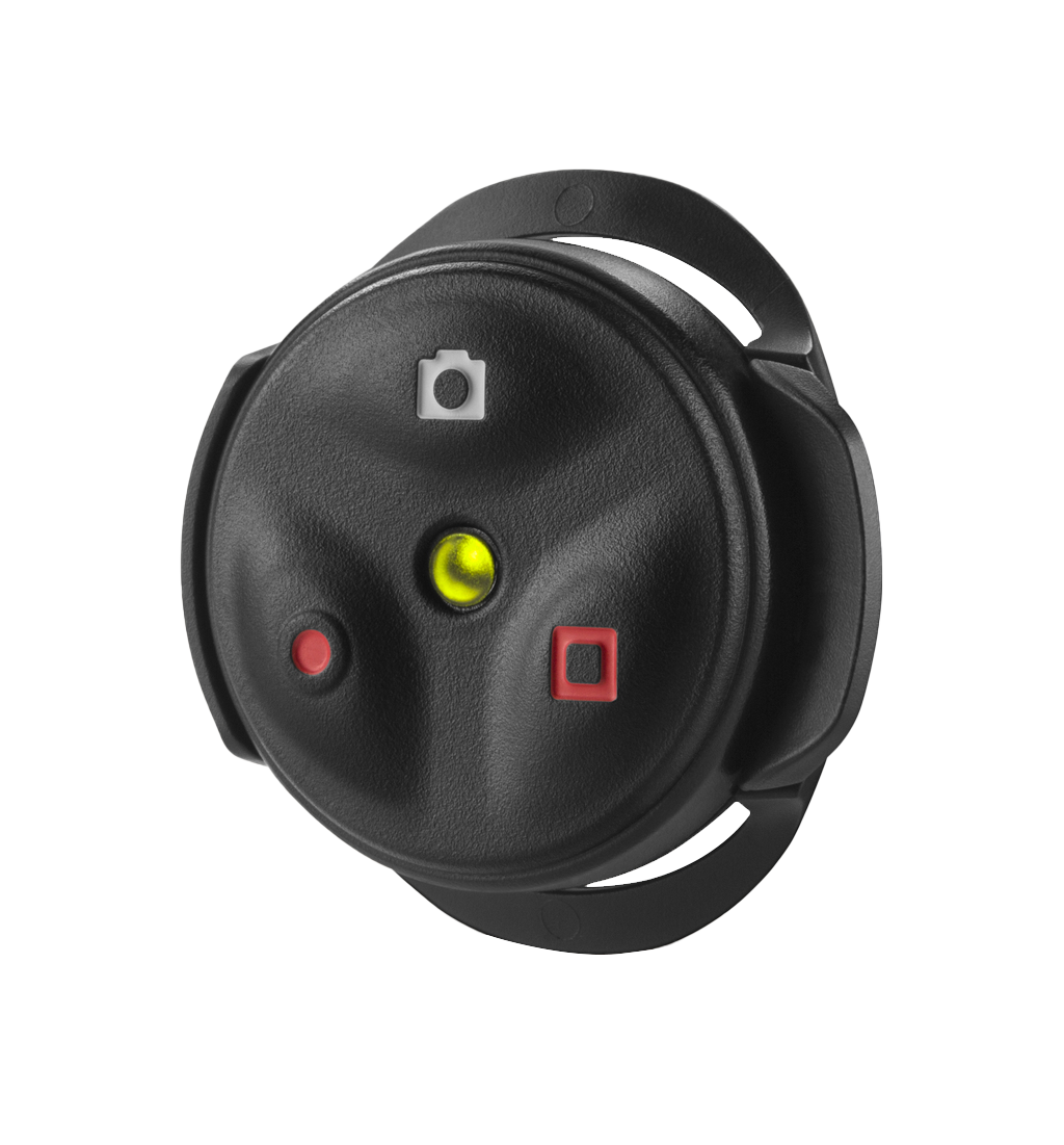 Garmin VIRB Remote circular black camera remote with wrist strap, red/white buttons and yellow indicator light.