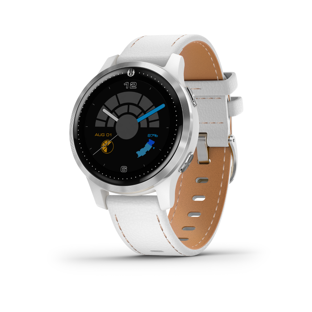 Garmin Vivoactive 4 Rey Star Wars Edition smartwatch, white leather strap, silver case.