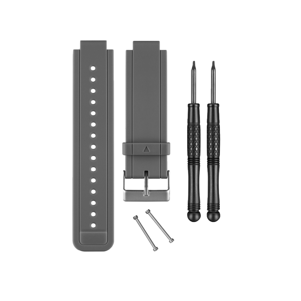 Garmin Vivoactive slate-grey watch band kit, 6-piece set with two strap pieces, screws and screwdrivers.