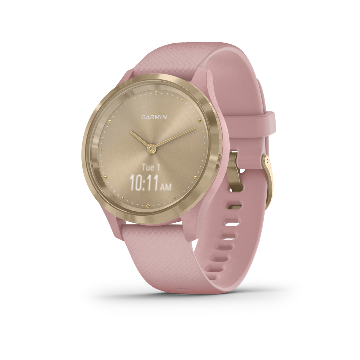 Garmin Vívomove 3S GPS smartwatch with light gold case and dust rose band