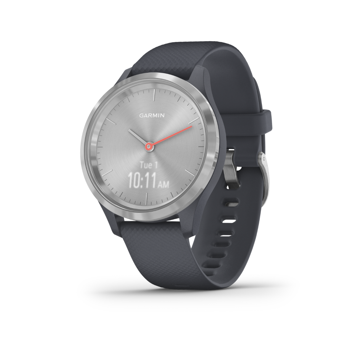 Garmin Vívomove 3S GPS smartwatch, silver case with granite blue silicone band, certified refurbished