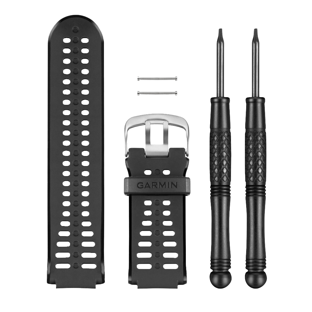 Garmin watch band kit for Forerunner 225, black; includes spare pins and two small screwdrivers.