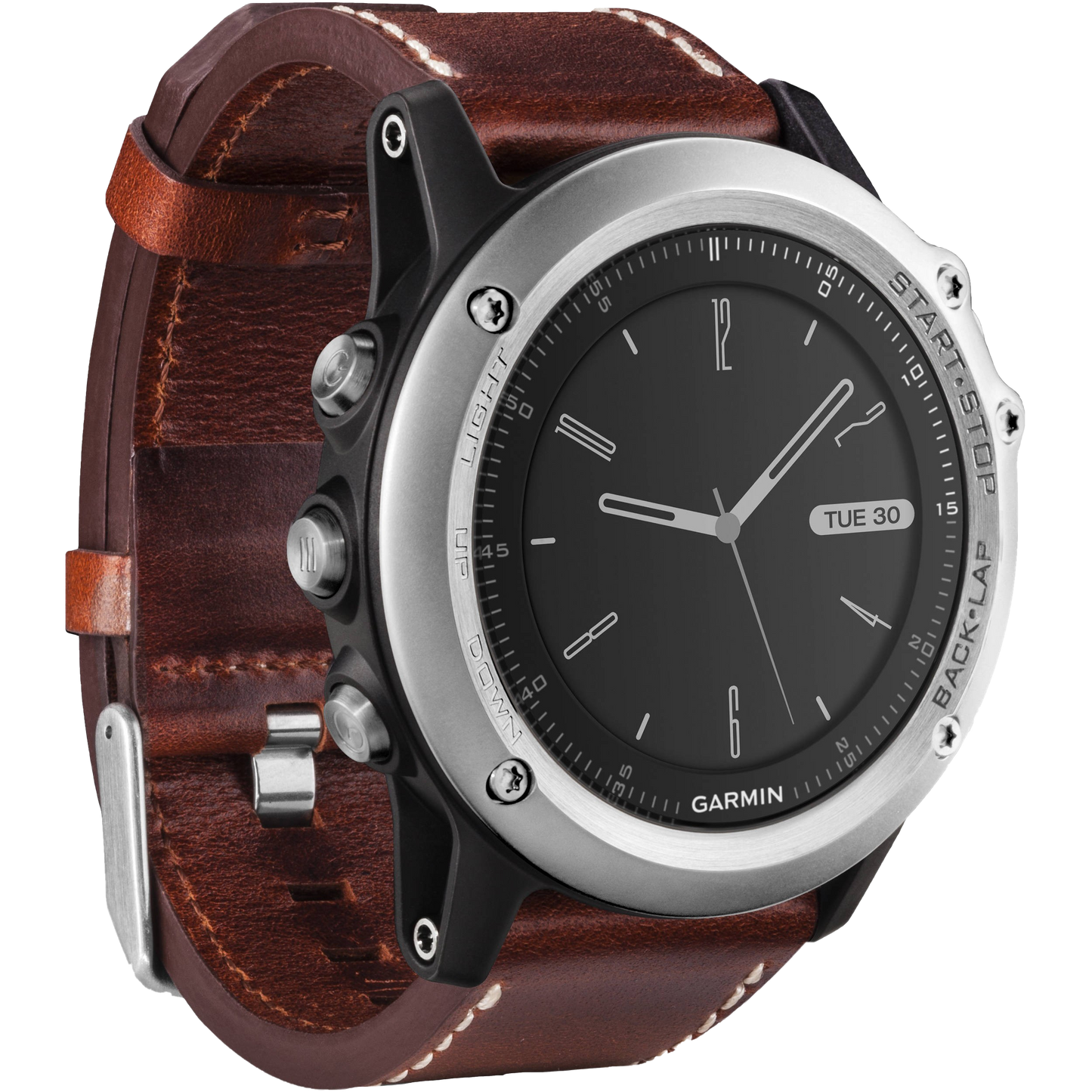 Garmin Fenix 3 Sapphire GPS smartwatch with silver bezel and brown leather band, refurbished