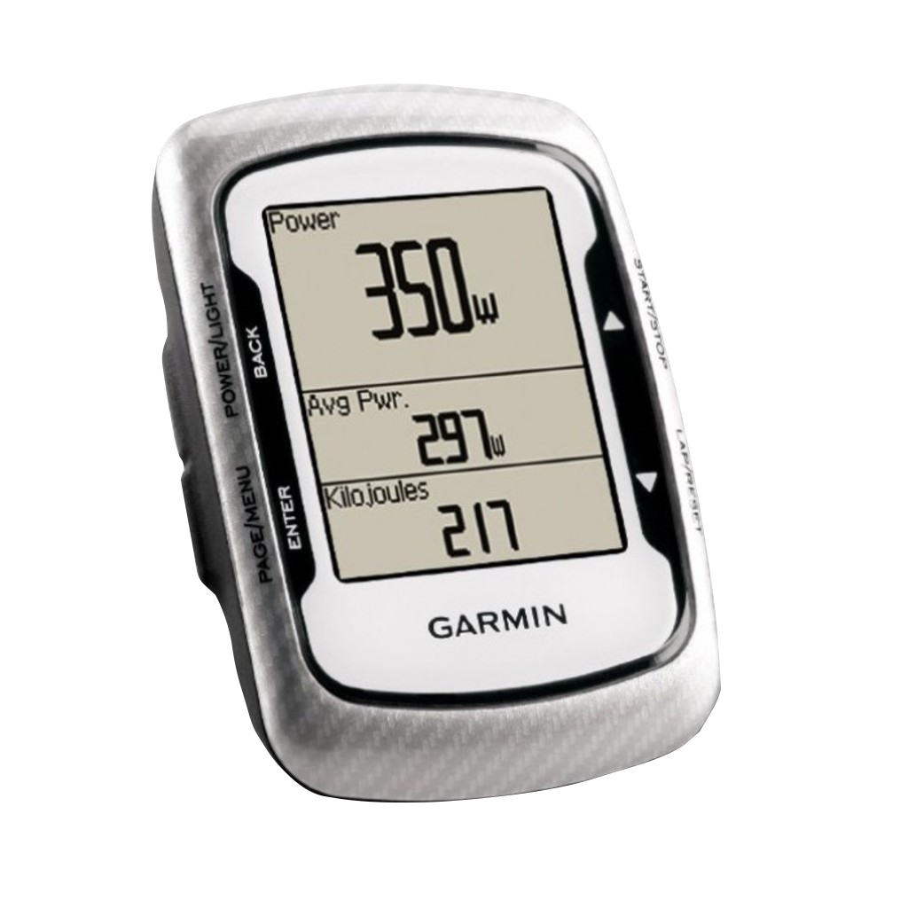 Garmin Edge 500 bicycle computer, black and silver with digital display showing power metrics