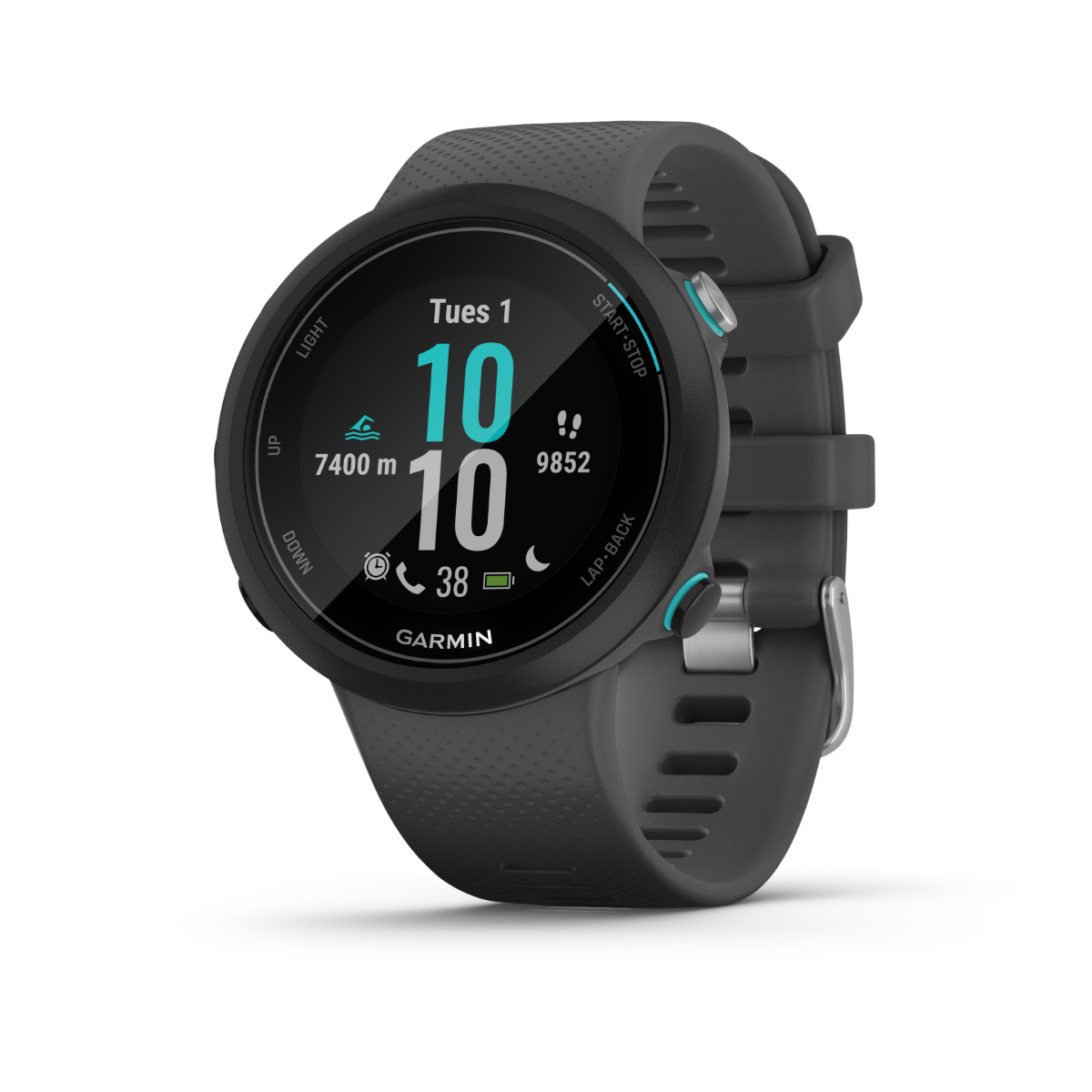 Garmin Swim 2 Slate smart watch with slate-gray body and grey silicone strap