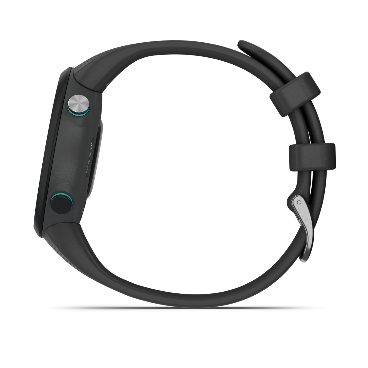 Garmin Swim 2 Slate smartwatch, slate gray with teal accents and silicone strap, side view