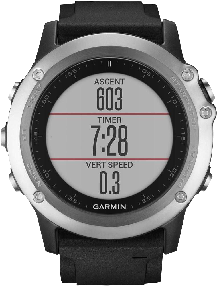 Garmin Fenix 3 HR GPS smartwatch with silver bezel and black band, certified refurbished