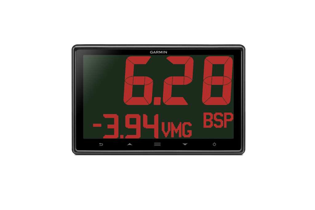 Garmin GNX 120 7-inch marine instrument with bright red digital display and black bezel (010-01395-00)