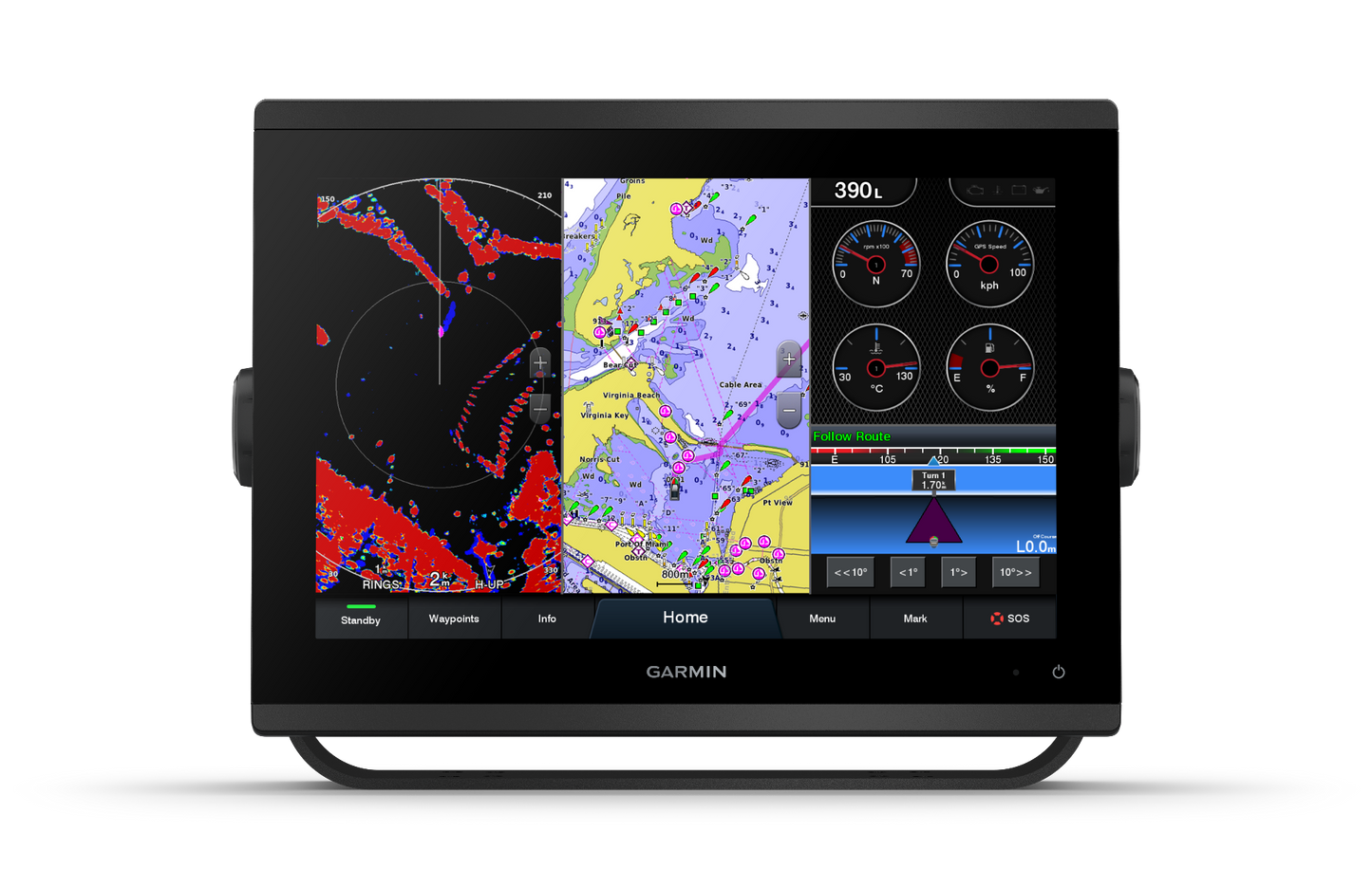 Garmin GPSMAP 1223xsv marine chartplotter display with black bezel and multi-panel maps