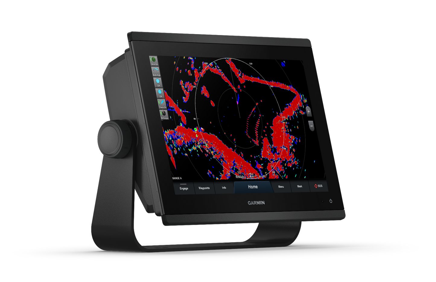 Garmin GPSMAP 1223xsv marine chartplotter with black display mounted on stand