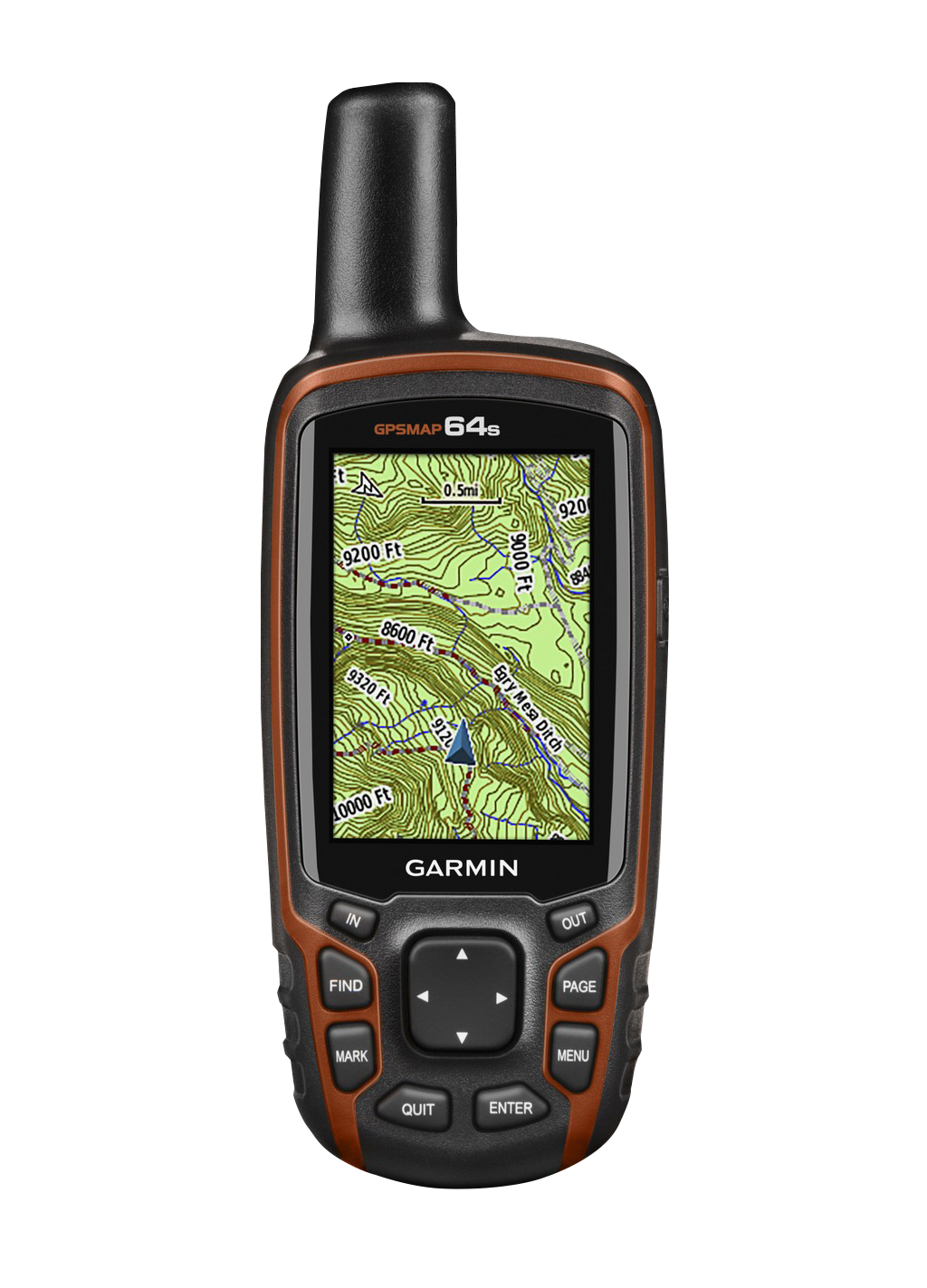 Garmin GPSMAP 64s handheld GPS with orange/black rugged body and TOPO maps