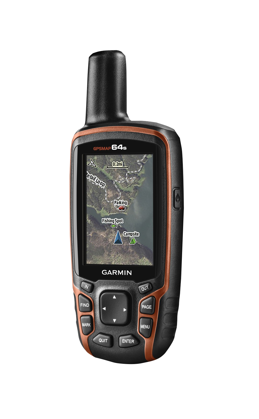 Garmin GPSMAP 64s handheld GPS with TOPO maps in rugged orange and black body