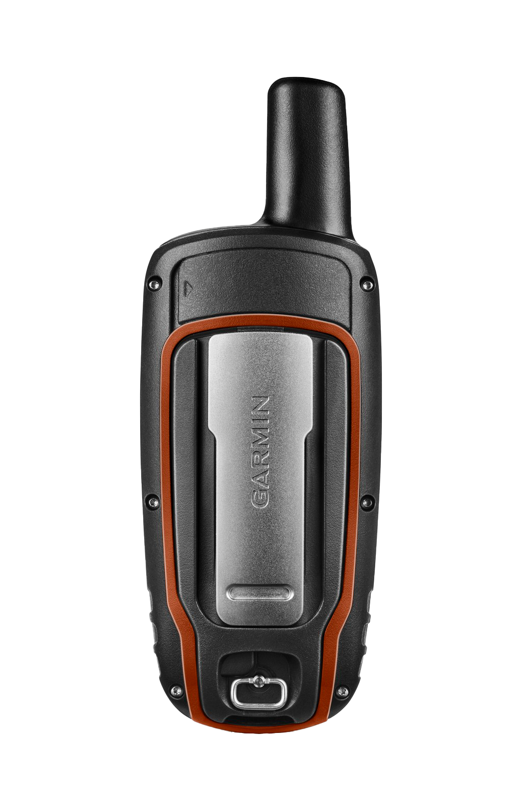 Garmin GPSMAP 64s handheld GPS with black body, orange bumper, and silver back plate