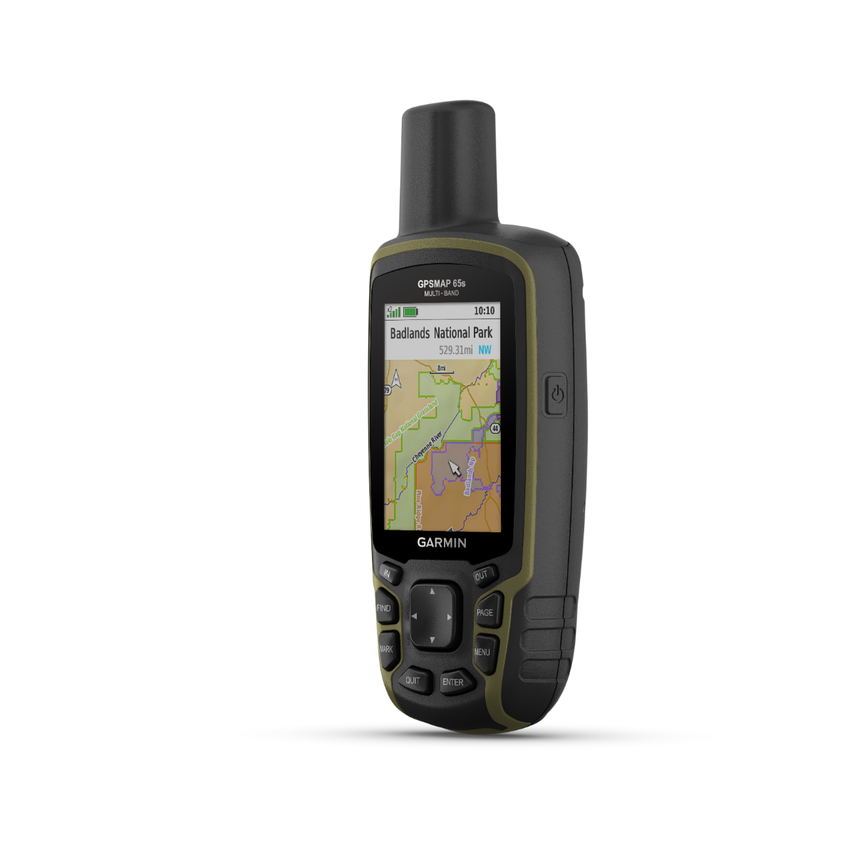 Garmin GPSMAP 65s handheld GPS with map display and rugged olive-green body