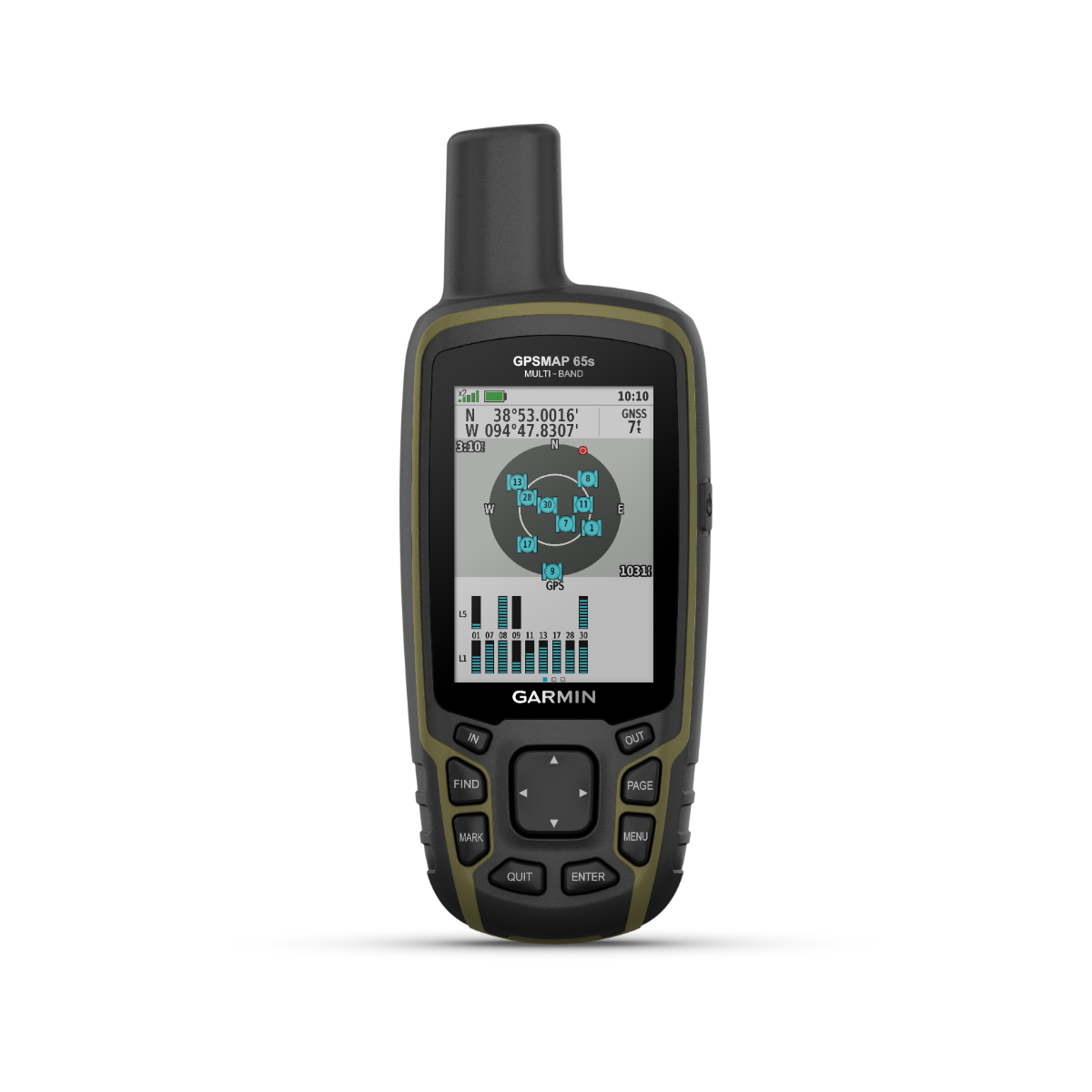 Garmin GPSMAP 65s handheld outdoor GPS with maps; refurbished in black and olive rugged body.