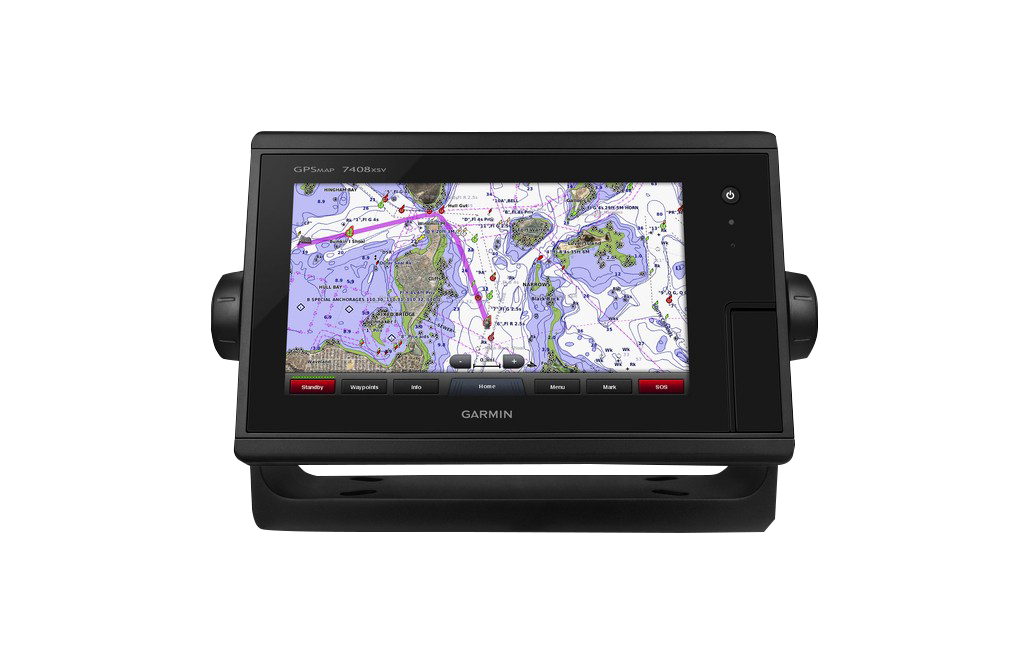 Garmin GPSMAP 7408xsv marine chartplotter in black with navigational map display.