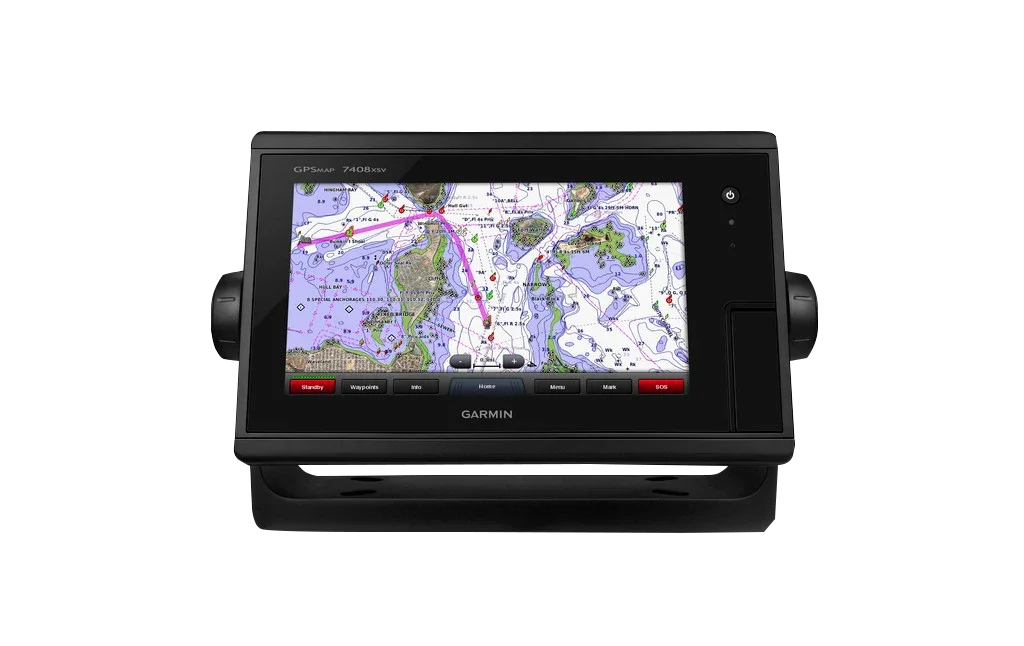 Garmin GPSMAP 7408xsv marine chartplotter in black with navigational map display.
