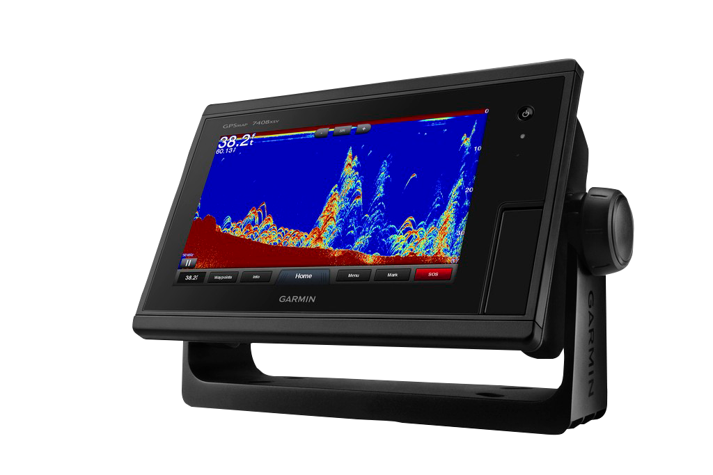 Garmin GPSMAP 7408xsv marine chartplotter on black stand with colorful sonar display