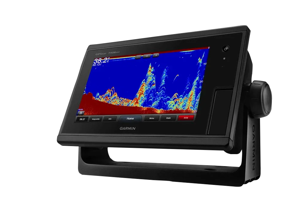 Garmin GPSMAP 7408xsv marine chartplotter on black stand with colorful sonar display