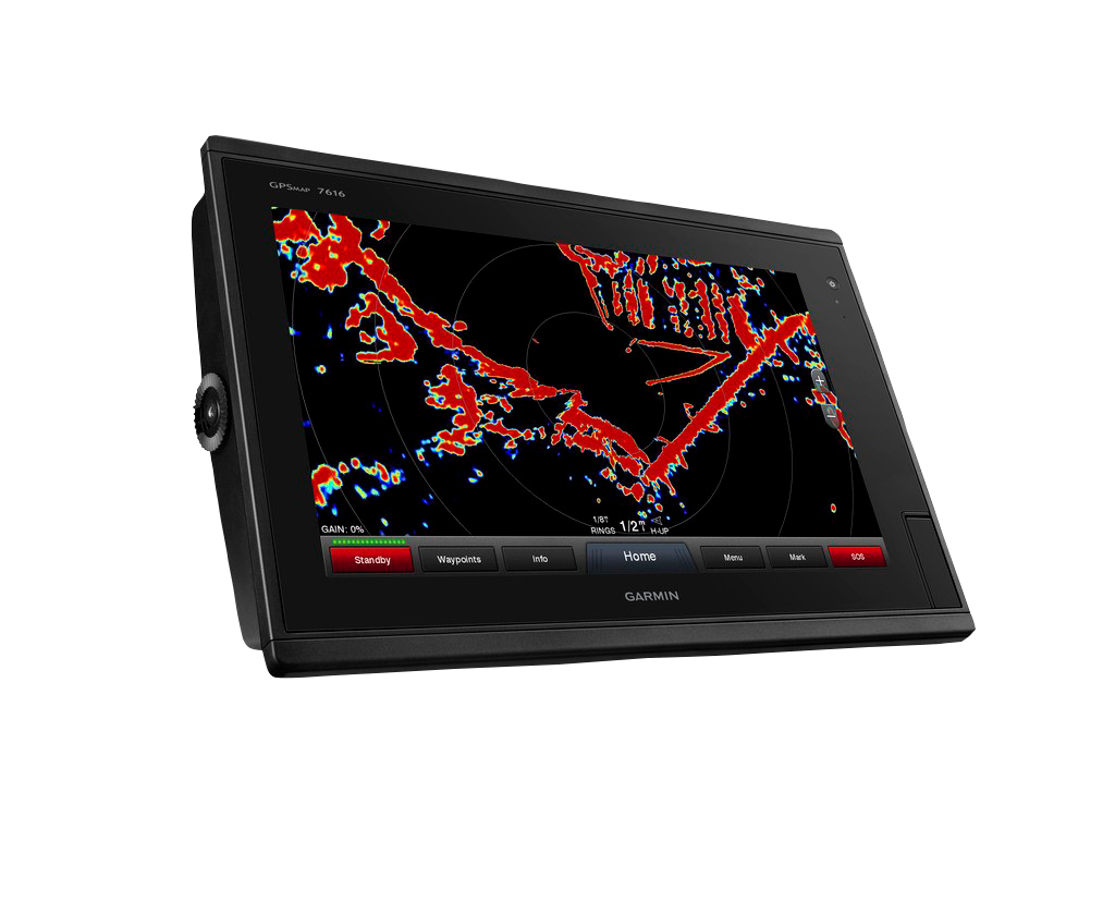 Garmin GPSMAP 7616 marine chartplotter in black with colorful radar/chart display