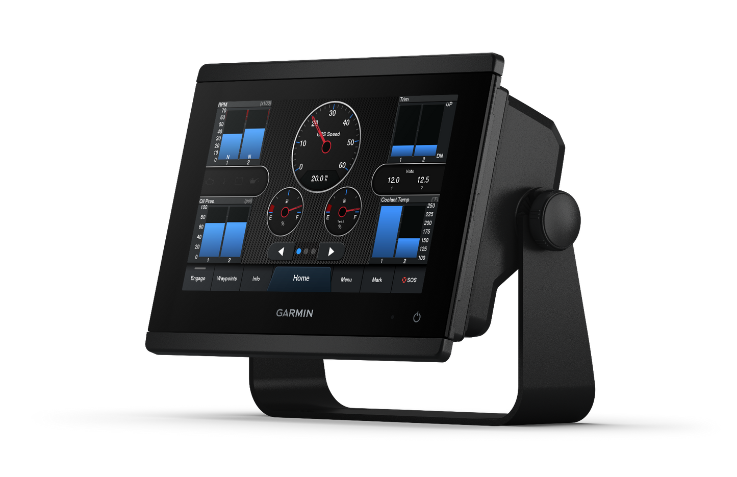 Garmin GPSMAP 743xsv marine chartplotter with black finish on adjustable mount