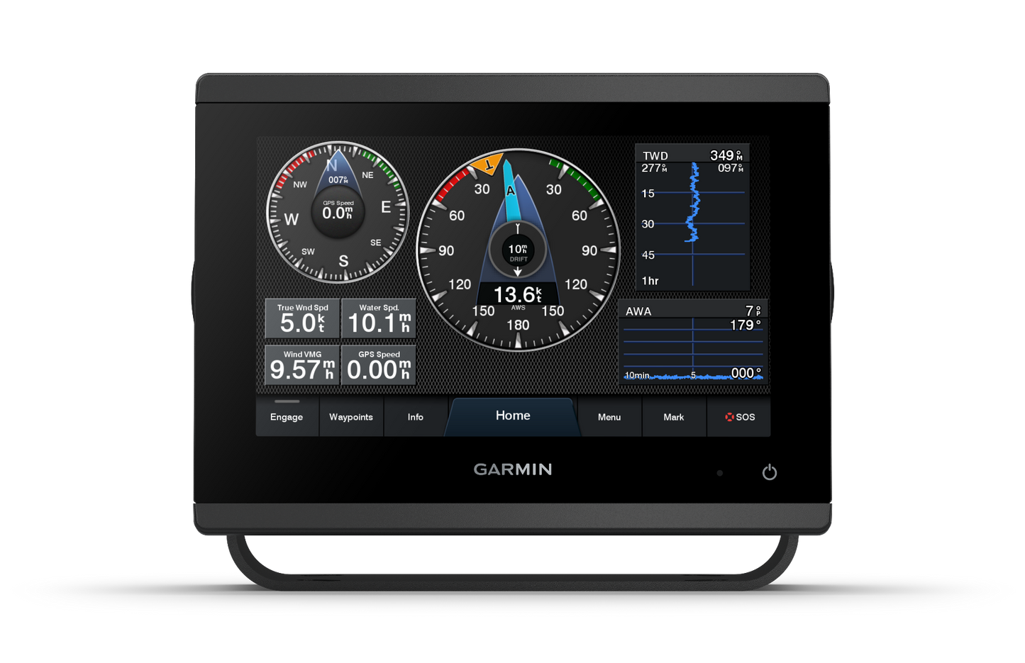 Garmin GPSMAP 743 marine chartplotter with black housing and multi-gauge cockpit display