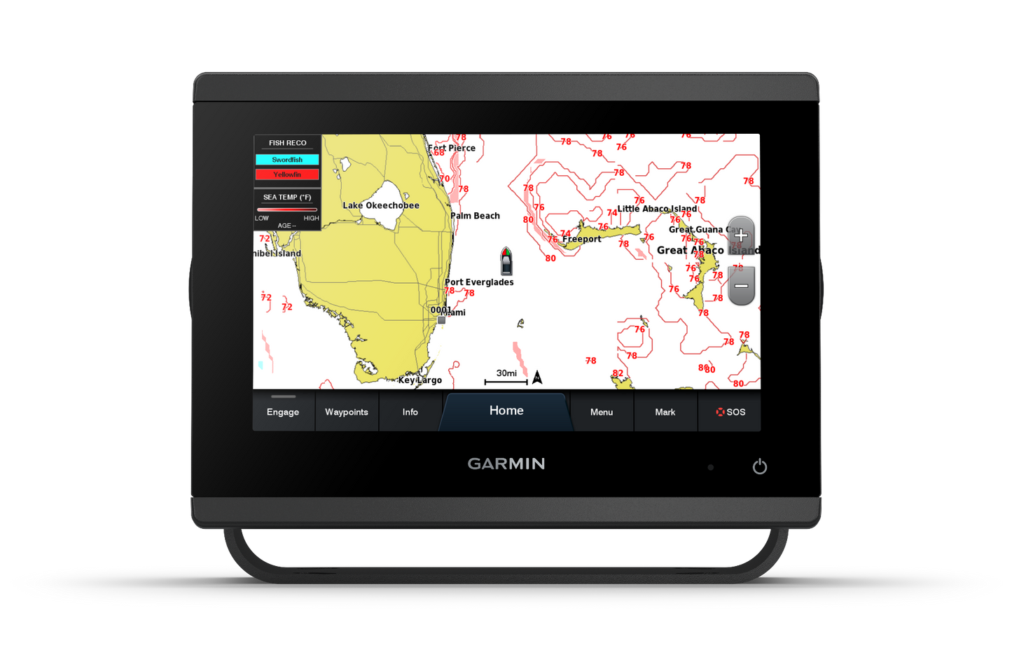 Garmin GPSMAP 743xsv marine chartplotter with GMR 18 HD+ radome, black display.