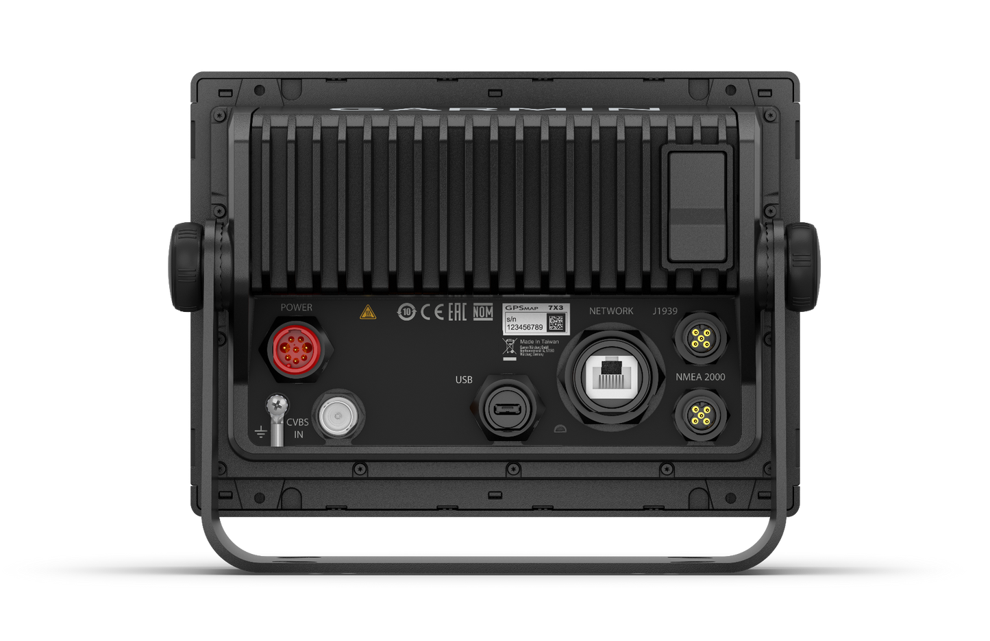 Garmin GPSMAP 923xsv marine chartplotter back panel with red power connector and USB/NMEA ports